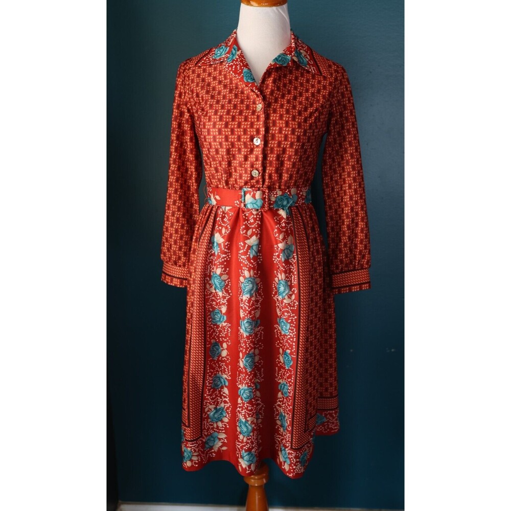 Vintage 70s Cora's Closet Retro Midi Belted Dress Pin Up Flower Power Petite 6